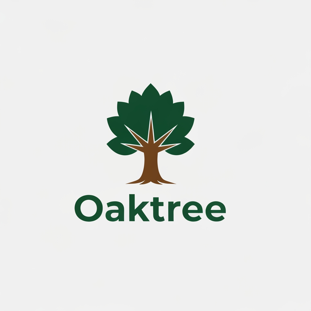 AI Design for growth and safety.Natural Colors: Use deep forest green for the leaves and warm earth brown for the trunk, placed on a plain white or light gray background.Clear Text: Put the company name Oaktree below or next to the icon using a solid, easy-to-read sans-serif font. h brown for the trunk, placed on a plain white or light gray background.Clear Text: Put the company name Oaktree below or next to the icon using a solid, easy-to-read sans-serif font.