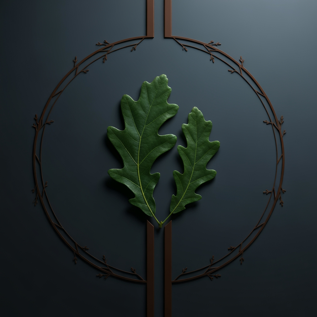 AI Design for The Minimalist Leaf: A single, sharp oak leaf forming the shape of a capital letter 'O'.The Strong Trunk: Two thick, bold lines that stand for trunk and strength.The Circular Ring: A round border made of small overlapping branches and leaves.