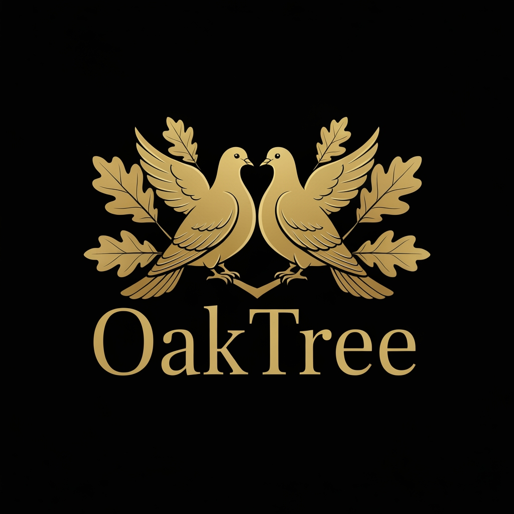 AI Design for Right now i just need you to make a logo for a clothing company OakTree and i need you to represent it with 2 doves ok man the color of the backgroudn should be balack the text and the leaves should be golden