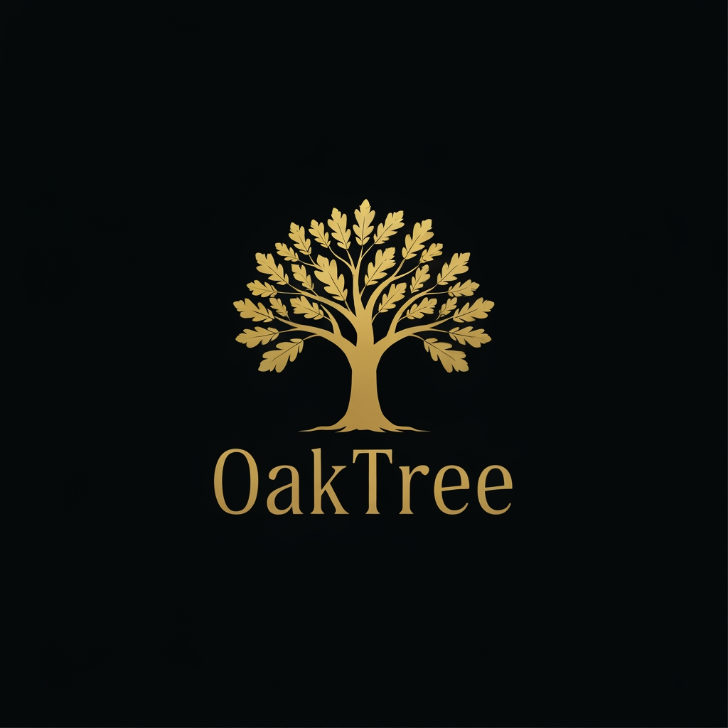 AI Design for Right now i just need you to make a logo for a clothing company OakTree and i need you to represent it with 1 tree ok man the color of the backgroudn should be balack the text and the leaves should be golden