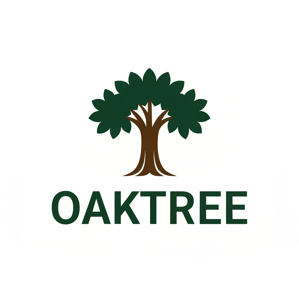 AI Design for Visual ElementsThe Tree: A bold, solid trunk with smooth lines and open, rounded leaf clusters.The Style: Flat art with no 3D effects, shadows, or gradients.The Colors: Dark forest green for the leaves and warm dark brown for the trunk.The Layout: An icon of the tree placed directly above or beside the bold, clean text name "OAKTREE".Text and Font DetailsThe Font: A modern sans-serif typeface with wide spacing.The Feel: Simple, friendly, and easy to read on any screen or paper.