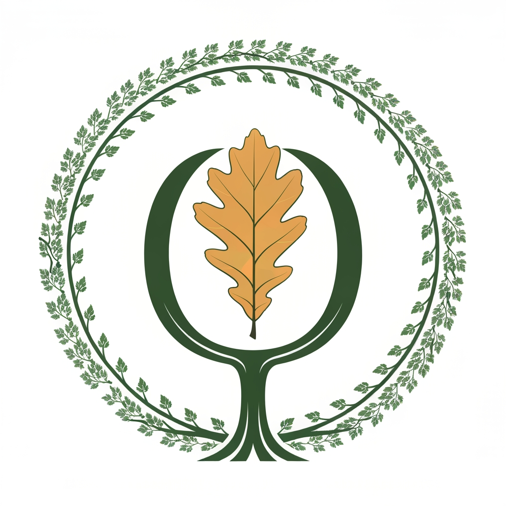 AI Design for The Minimalist Leaf: A single, sharp oak leaf forming the shape of a capital letter 'O'.The Strong Trunk: Two thick, bold lines that stand for trunk and strength.The Circular Ring: A round border made of small overlapping branches and leaves.