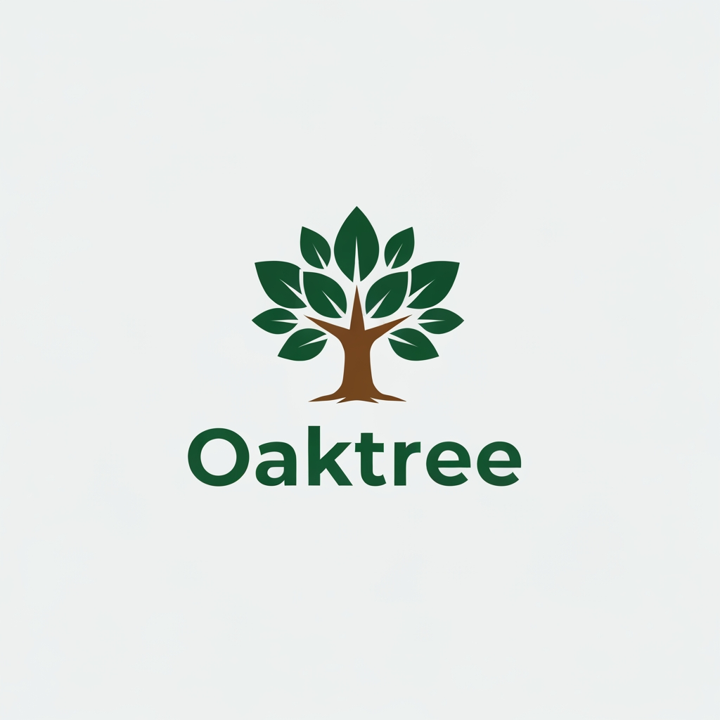 AI Design for growth and safety.Natural Colors: Use deep forest green for the leaves and warm earth brown for the trunk, placed on a plain white or light gray background.Clear Text: Put the company name Oaktree below or next to the icon using a solid, easy-to-read sans-serif font. h brown for the trunk, placed on a plain white or light gray background.Clear Text: Put the company name Oaktree below or next to the icon using a solid, easy-to-read sans-serif font.