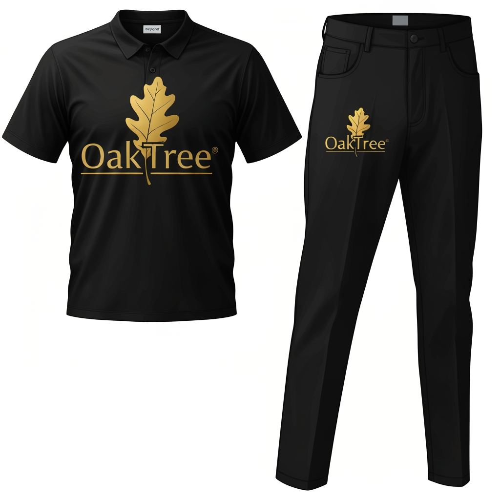 AI Design for Right now i just need you to make a logo for a clothing company OakTree and i need you to represent it with a shirt and a pant ok man the color of the backgroudn should be balack the text and the leaves should be golden