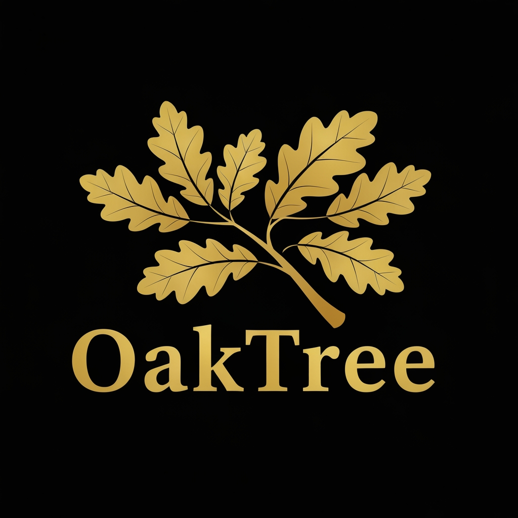 AI Design for Right now i just need you to make a logo for a clothing company OakTree and i need you to represent it with money ok man the color of the backgroudn should be balack the text and the leaves should be golden