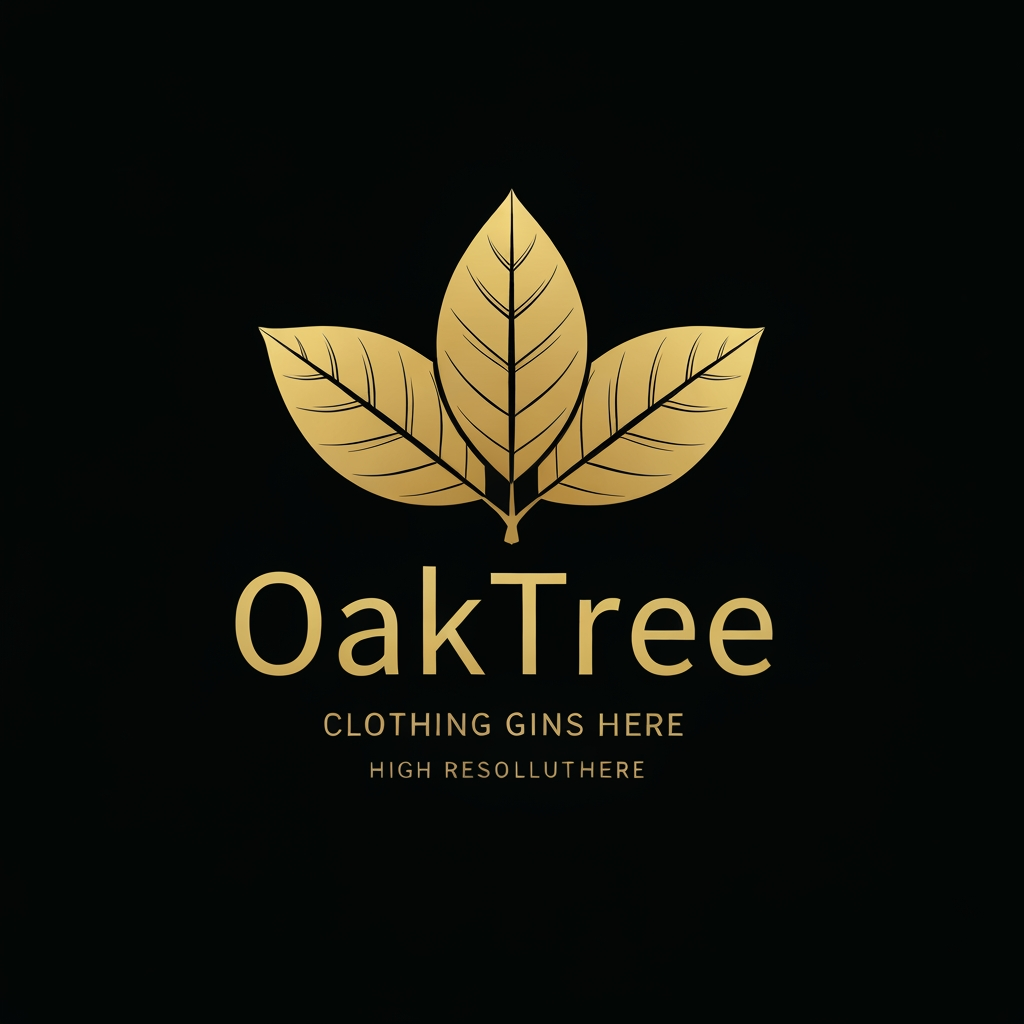 AI Design for Right now i just need you to make a logo for a clothing company OakTree and i need you to represent it with 3 leaves ok man the color of the backgroudn should be balack the text and the leaves should be golden