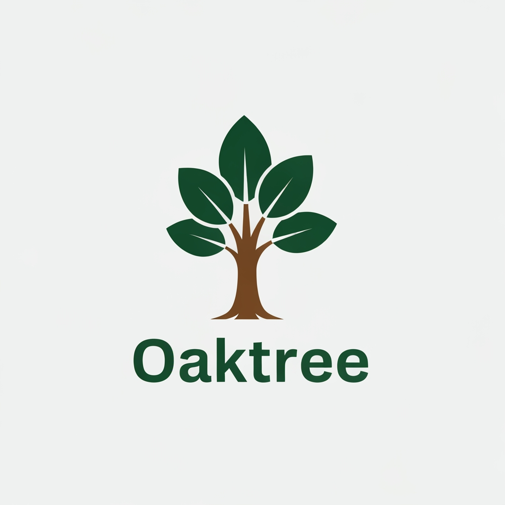 AI Design for growth and safety.Natural Colors: Use deep forest green for the leaves and warm earth brown for the trunk, placed on a plain white or light gray background.Clear Text: Put the company name Oaktree below or next to the icon using a solid, easy-to-read sans-serif font. h brown for the trunk, placed on a plain white or light gray background.Clear Text: Put the company name Oaktree below or next to the icon using a solid, easy-to-read sans-serif font.
