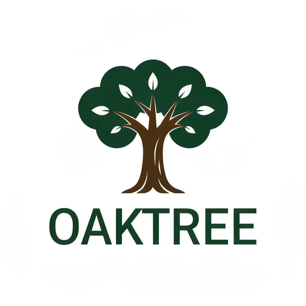 AI Design for Visual ElementsThe Tree: A bold, solid trunk with smooth lines and open, rounded leaf clusters.The Style: Flat art with no 3D effects, shadows, or gradients.The Colors: Dark forest green for the leaves and warm dark brown for the trunk.The Layout: An icon of the tree placed directly above or beside the bold, clean text name "OAKTREE".Text and Font DetailsThe Font: A modern sans-serif typeface with wide spacing.The Feel: Simple, friendly, and easy to read on any screen or paper.