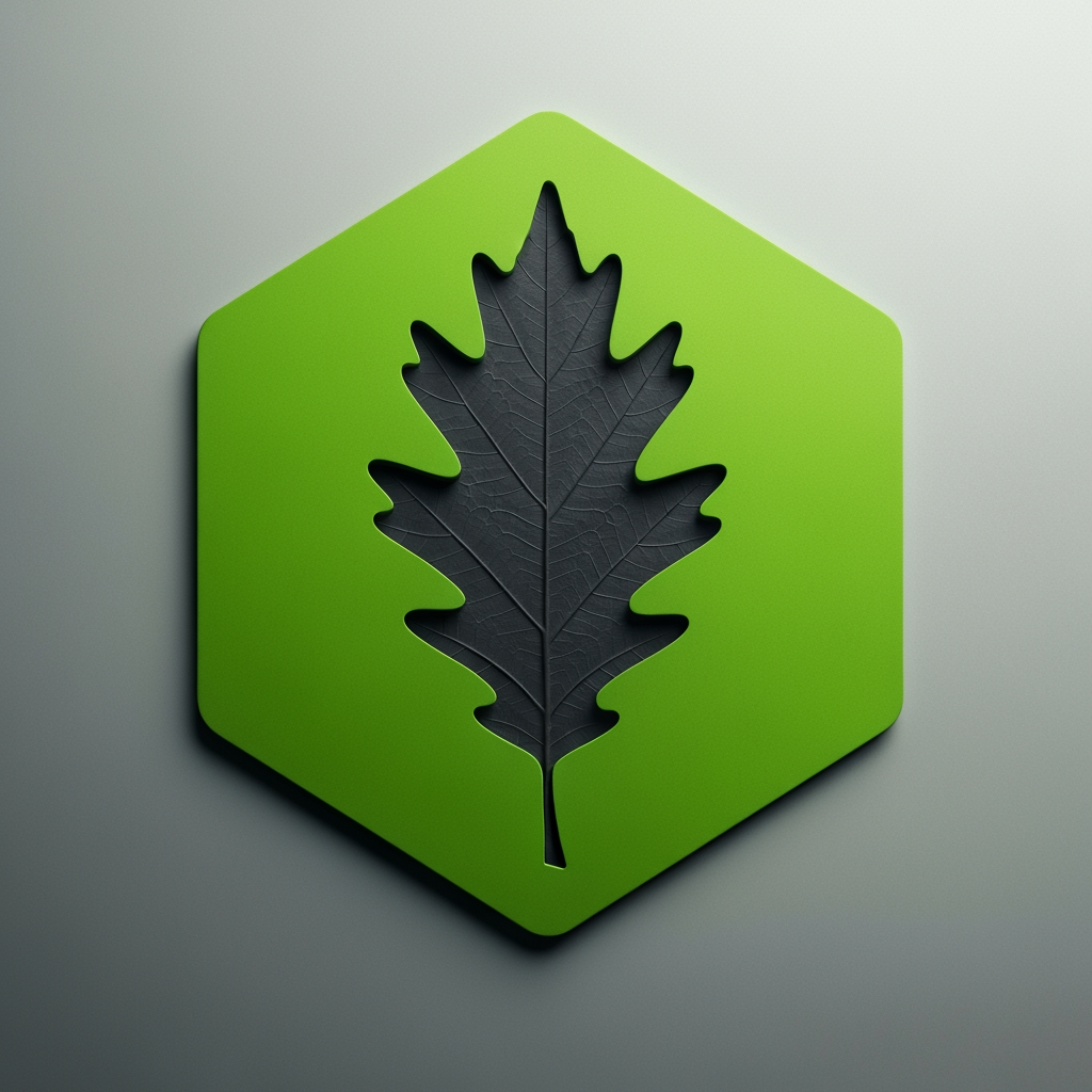 AI Design for con: A solid green hexagon shape with an oak leaf cut out of the middle using negative space.Colors: Bright leaf green and dark charcoal grey.Vype: Strong, tech-focused, and clean.