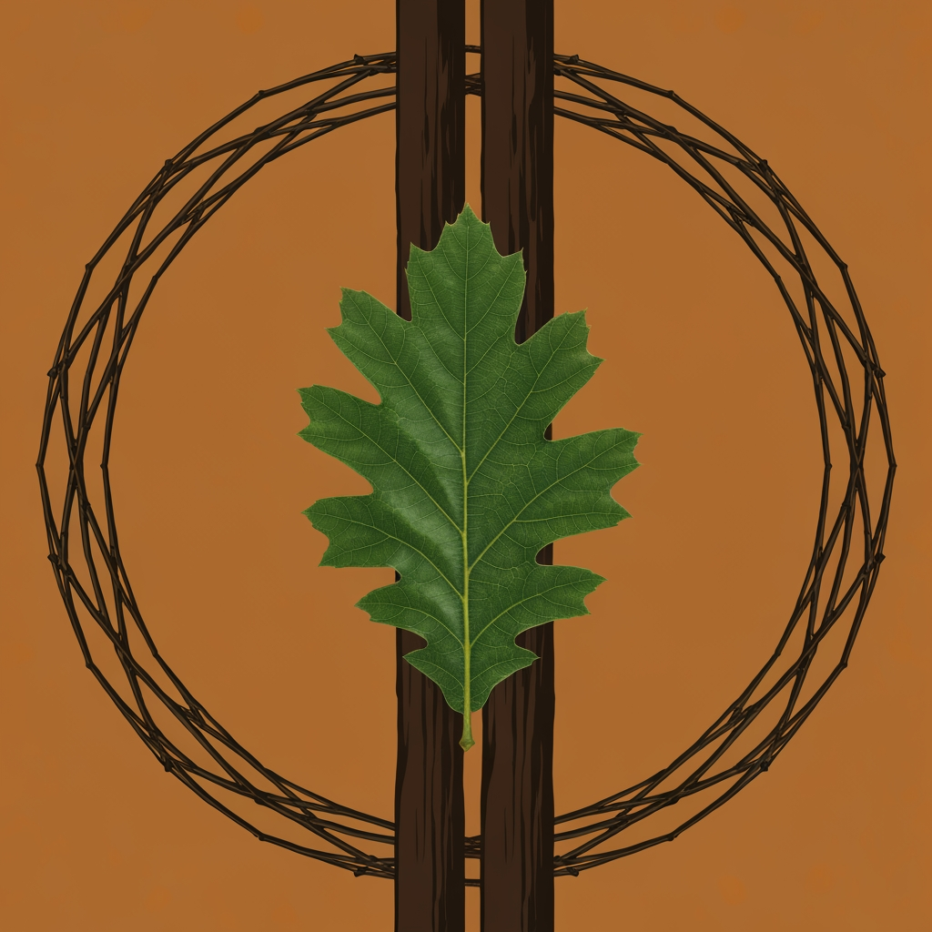 AI Design for The Minimalist Leaf: A single, sharp oak leaf forming the shape of a capital letter 'O'.The Strong Trunk: Two thick, bold lines that stand for trunk and strength.The Circular Ring: A round border made of small overlapping branches and leaves.