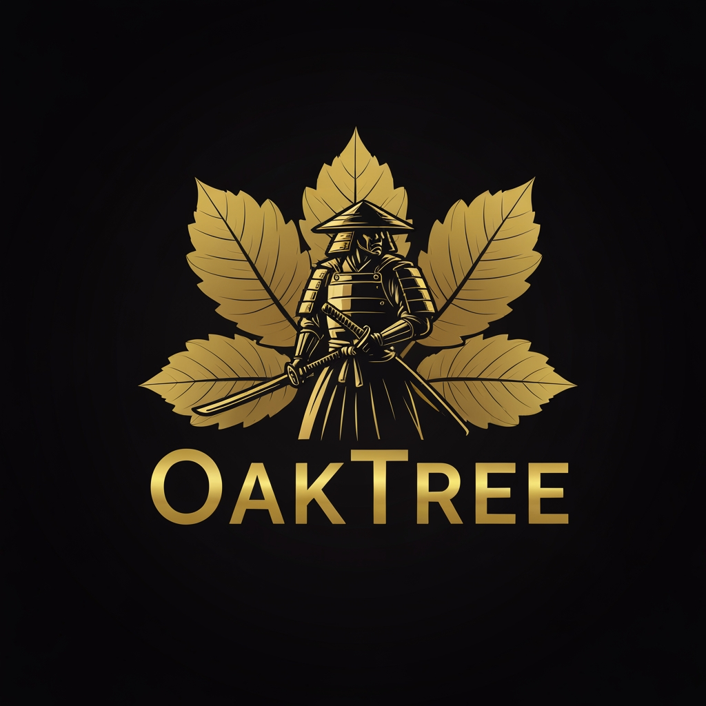 AI Design for Right now i just need you to make a logo for a clothing company OakTree and i need you to represent it with a samurai ok man the color of the backgroudn should be balack the text and the leaves should be golden