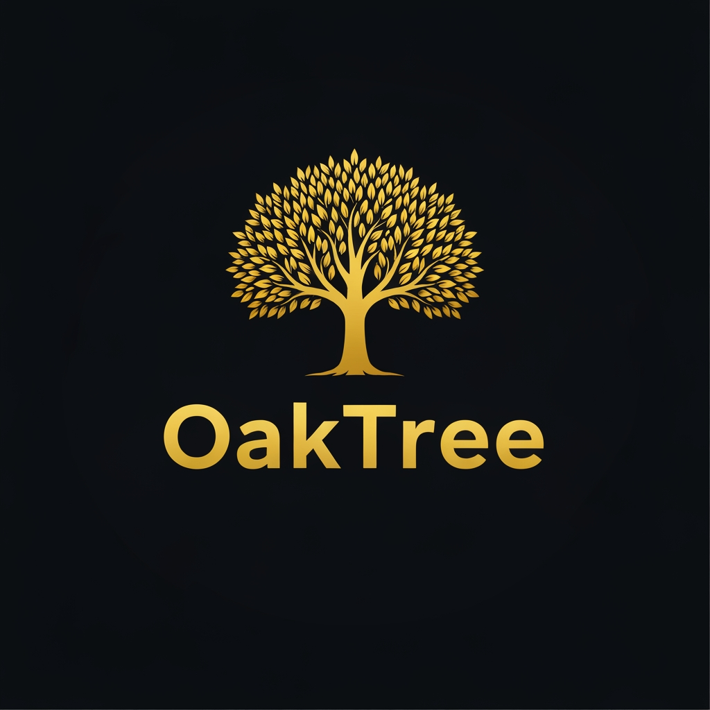 AI Design for Right now i just need you to make a logo for a clothing company OakTree and i need you to represent it with 1 tree ok man the color of the backgroudn should be balack the text and the leaves should be golden