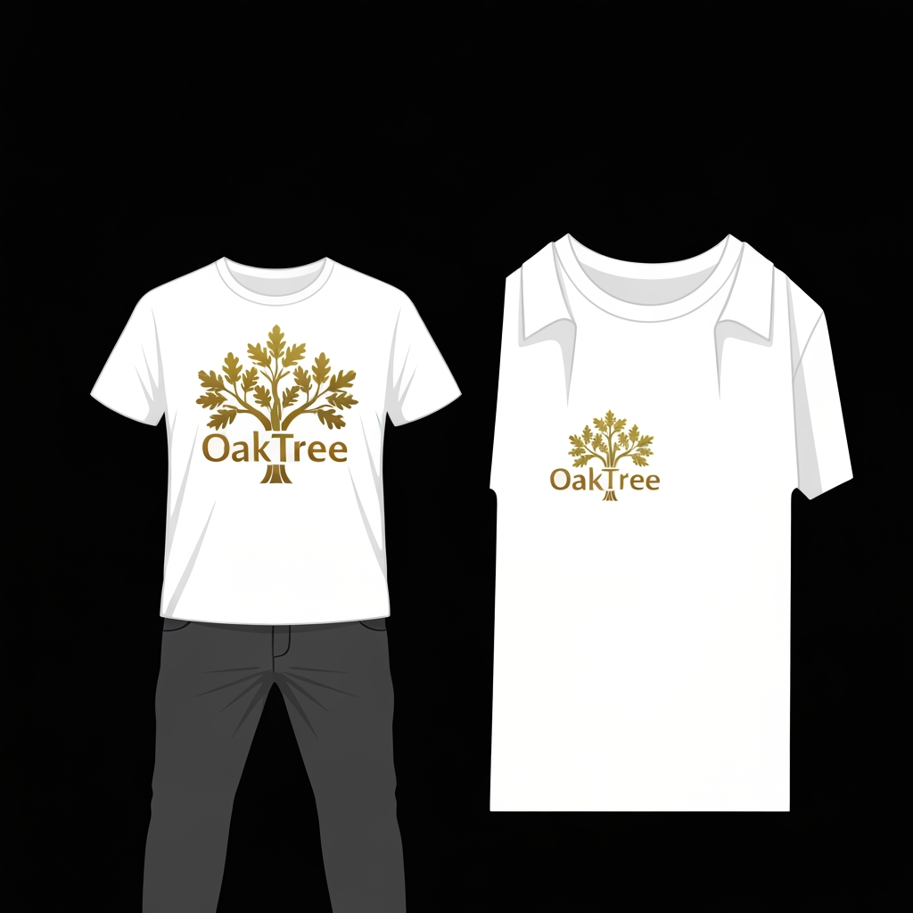 AI Design for Right now i just need you to make a logo for a clothing company OakTree and i need you to represent it with a shirt and a pant ok man the color of the backgroudn should be balack the text and the leaves should be golden