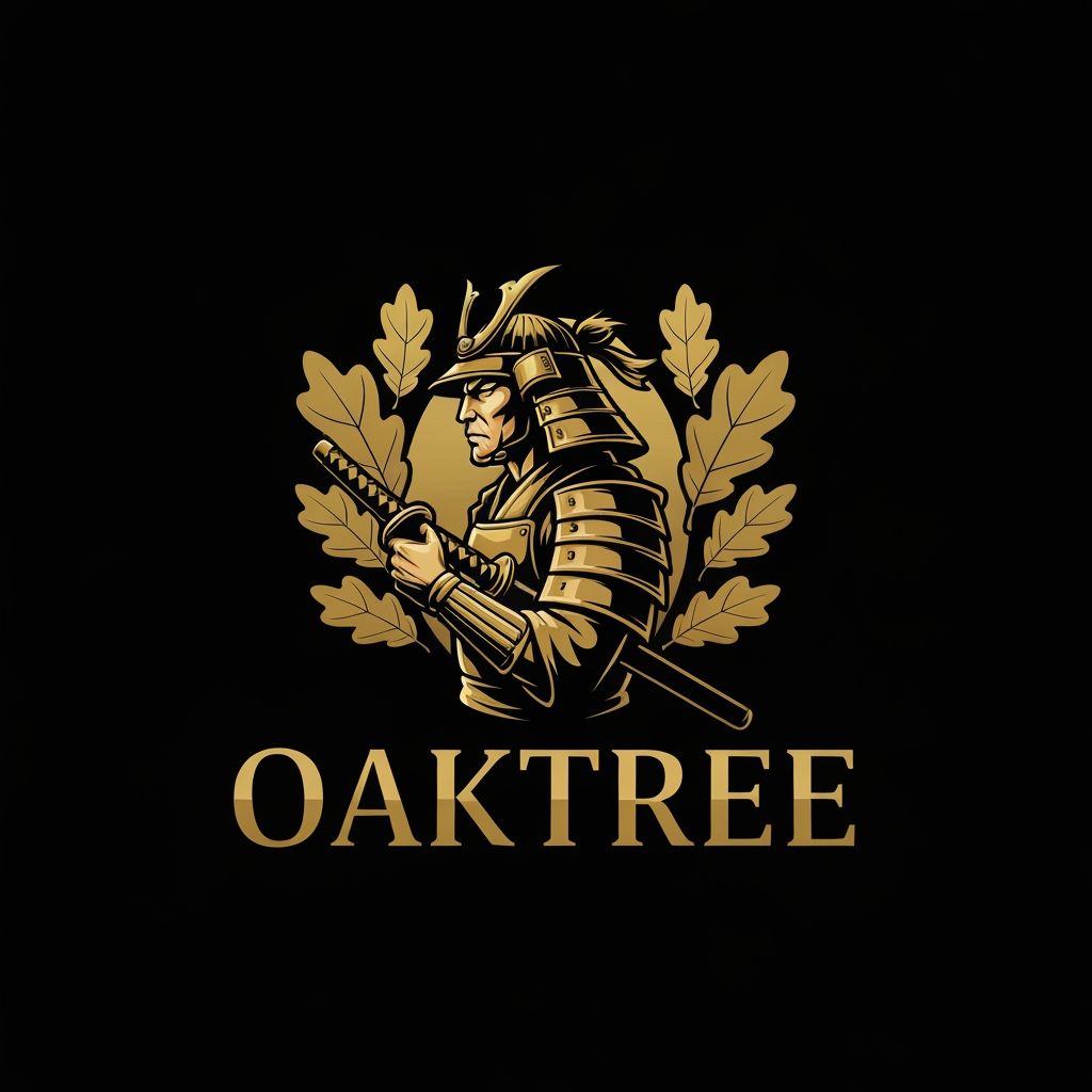 AI Design for Right now i just need you to make a logo for a clothing company OakTree and i need you to represent it with a samurai ok man the color of the backgroudn should be balack the text and the leaves should be golden