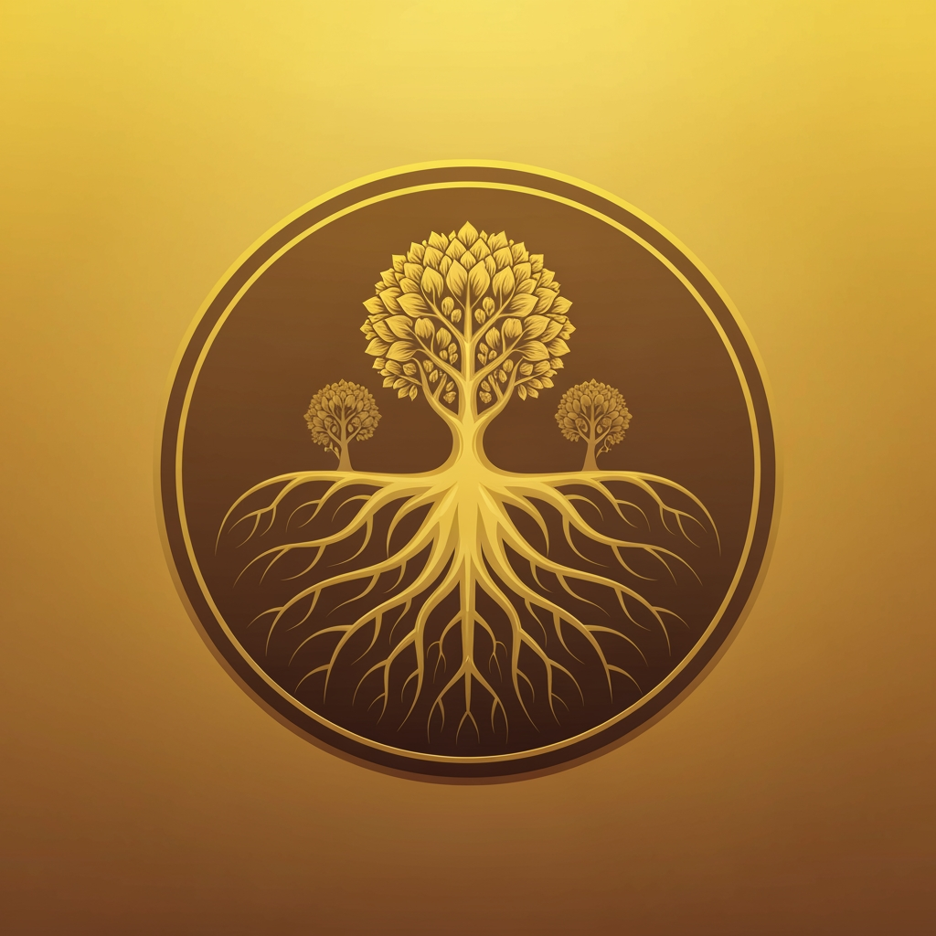 AI Design for Classic & TimelessIcon: A round badge showing deep roots at the bottom and a rich leafy top at the high center.Colors: Earthy brown and muted gold.Vype: Trusted, historic, and stable.