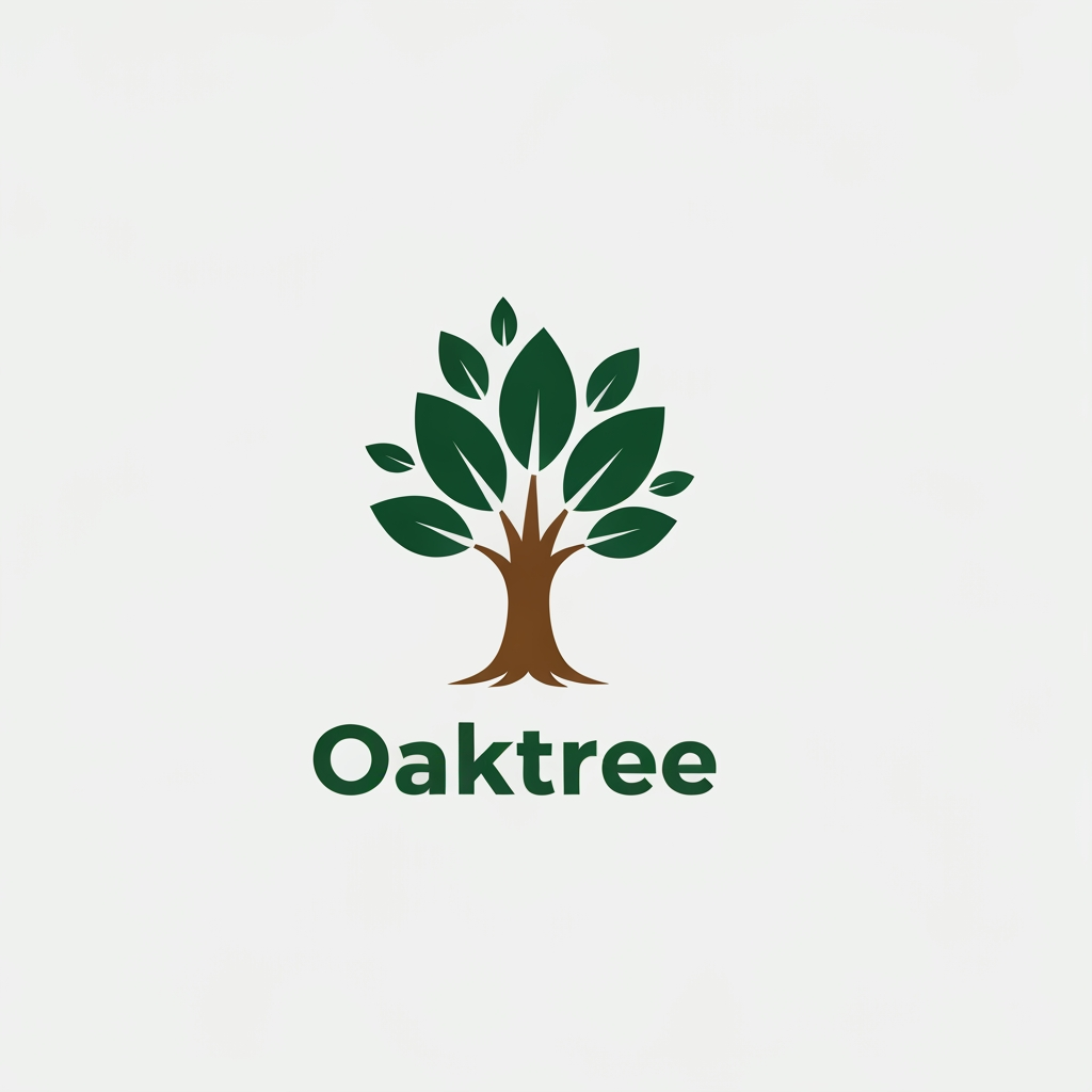 AI Design for growth and safety.Natural Colors: Use deep forest green for the leaves and warm earth brown for the trunk, placed on a plain white or light gray background.Clear Text: Put the company name Oaktree below or next to the icon using a solid, easy-to-read sans-serif font. h brown for the trunk, placed on a plain white or light gray background.Clear Text: Put the company name Oaktree below or next to the icon using a solid, easy-to-read sans-serif font.