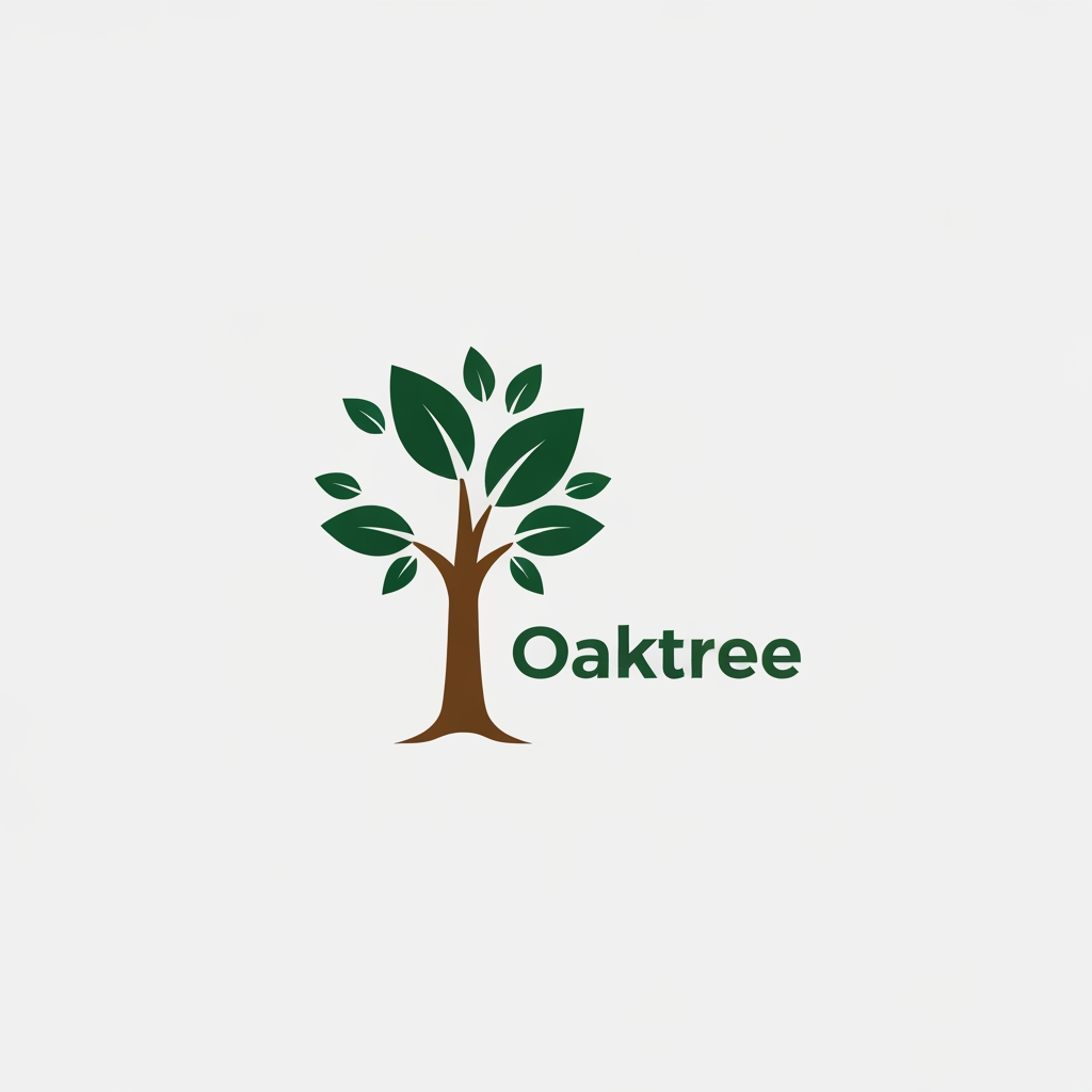 AI Design for growth and safety.Natural Colors: Use deep forest green for the leaves and warm earth brown for the trunk, placed on a plain white or light gray background.Clear Text: Put the company name Oaktree below or next to the icon using a solid, easy-to-read sans-serif font. h brown for the trunk, placed on a plain white or light gray background.Clear Text: Put the company name Oaktree below or next to the icon using a solid, easy-to-read sans-serif font.