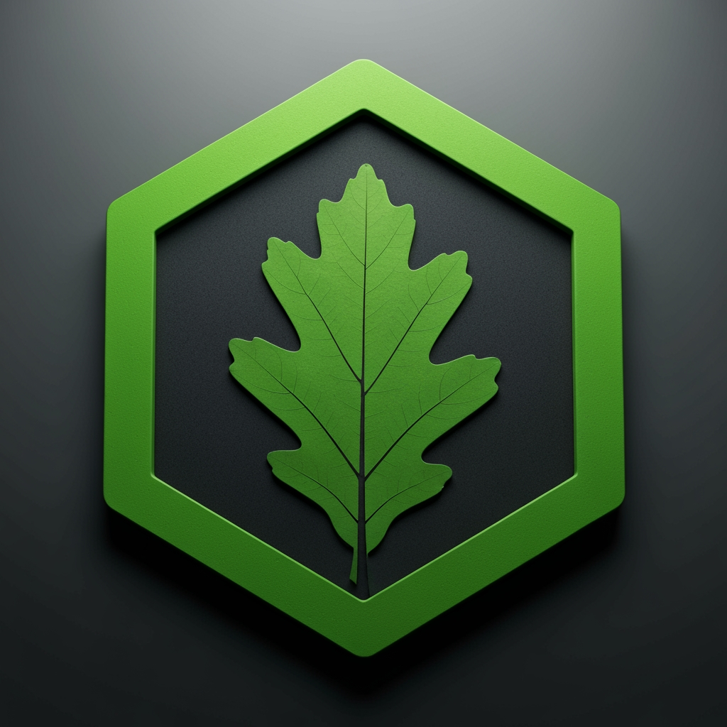 AI Design for con: A solid green hexagon shape with an oak leaf cut out of the middle using negative space.Colors: Bright leaf green and dark charcoal grey.Vype: Strong, tech-focused, and clean.