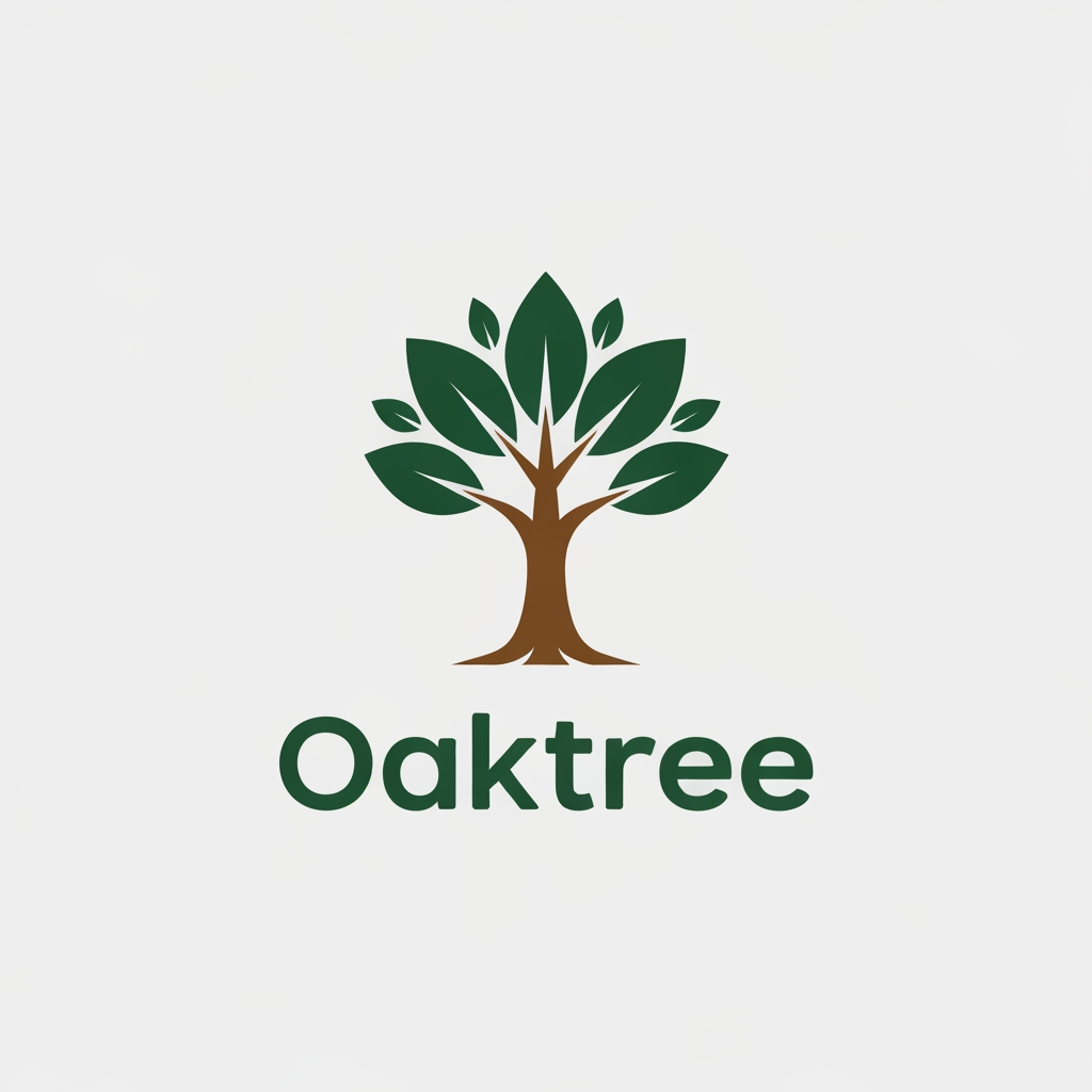 AI Design for growth and safety.Natural Colors: Use deep forest green for the leaves and warm earth brown for the trunk, placed on a plain white or light gray background.Clear Text: Put the company name Oaktree below or next to the icon using a solid, easy-to-read sans-serif font. h brown for the trunk, placed on a plain white or light gray background.Clear Text: Put the company name Oaktree below or next to the icon using a solid, easy-to-read sans-serif font.