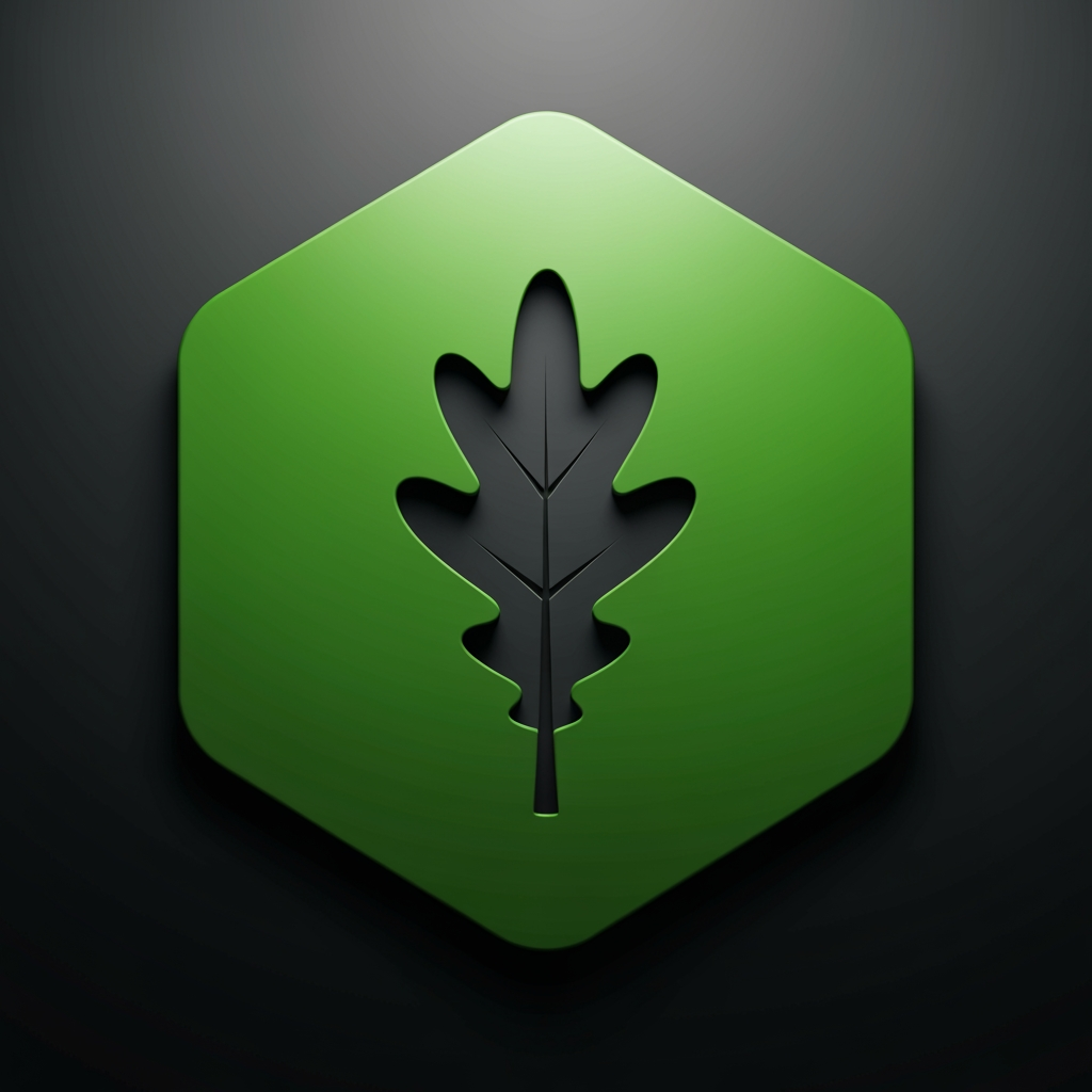 AI Design for con: A solid green hexagon shape with an oak leaf cut out of the middle using negative space.Colors: Bright leaf green and dark charcoal grey.Vype: Strong, tech-focused, and clean.