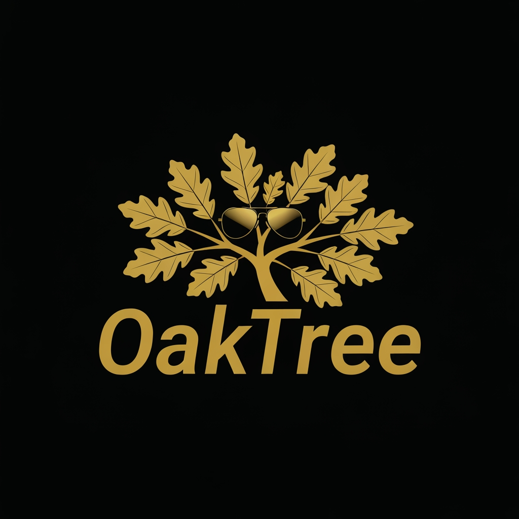AI Design for Right now i just need you to make a logo for a clothing company OakTree and i need you to represent it with sunglasses and hat ok man the color of the backgroudn should be balack the text and the leaves should be golden