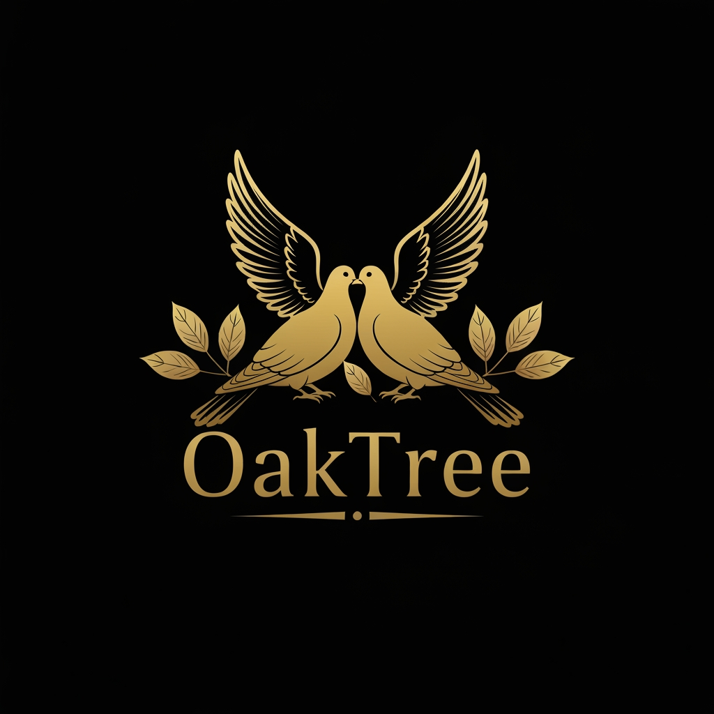 AI Design for Right now i just need you to make a logo for a clothing company OakTree and i need you to represent it with 2 doves ok man the color of the backgroudn should be balack the text and the leaves should be golden