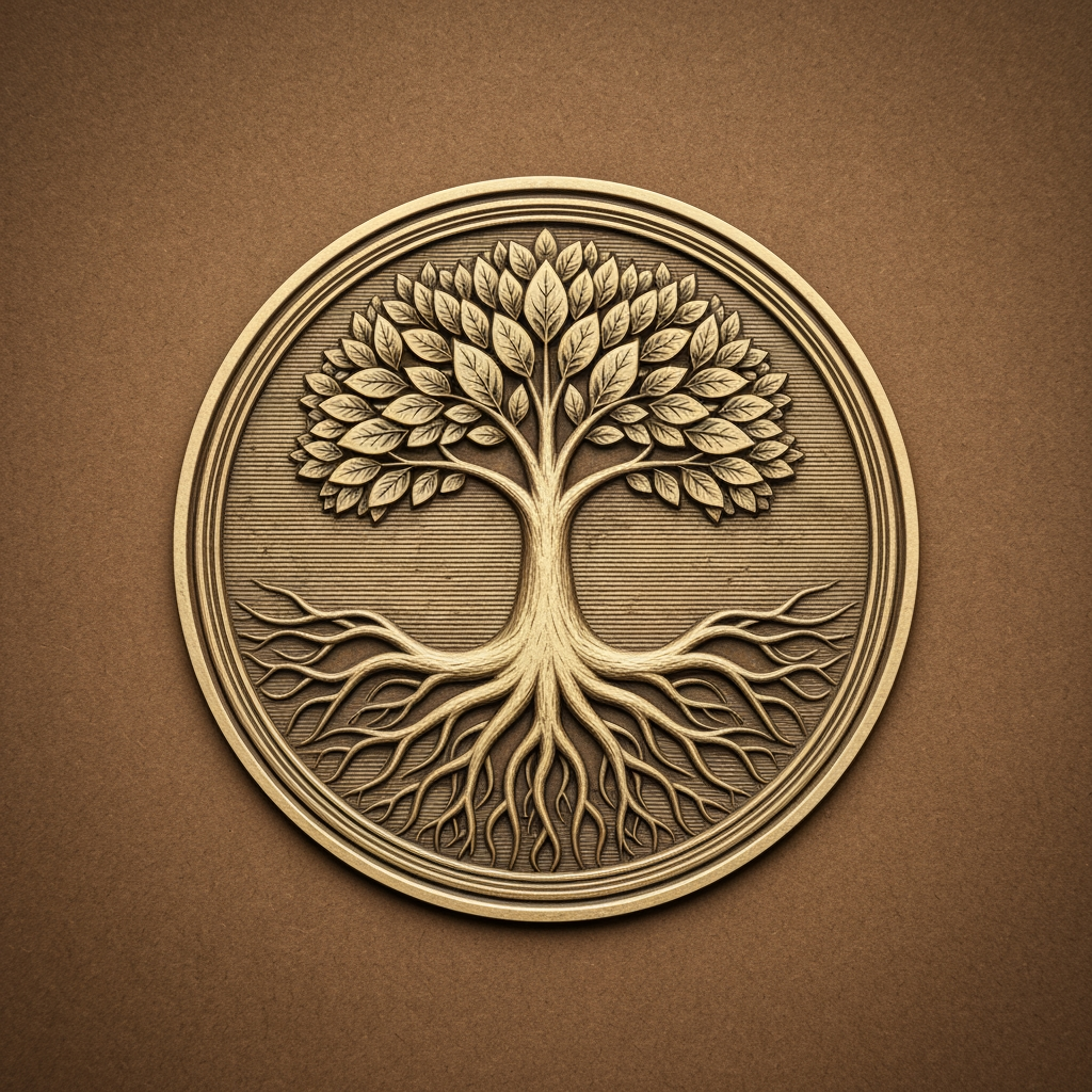 AI Design for Classic & TimelessIcon: A round badge showing deep roots at the bottom and a rich leafy top at the high center.Colors: Earthy brown and muted gold.Vype: Trusted, historic, and stable.