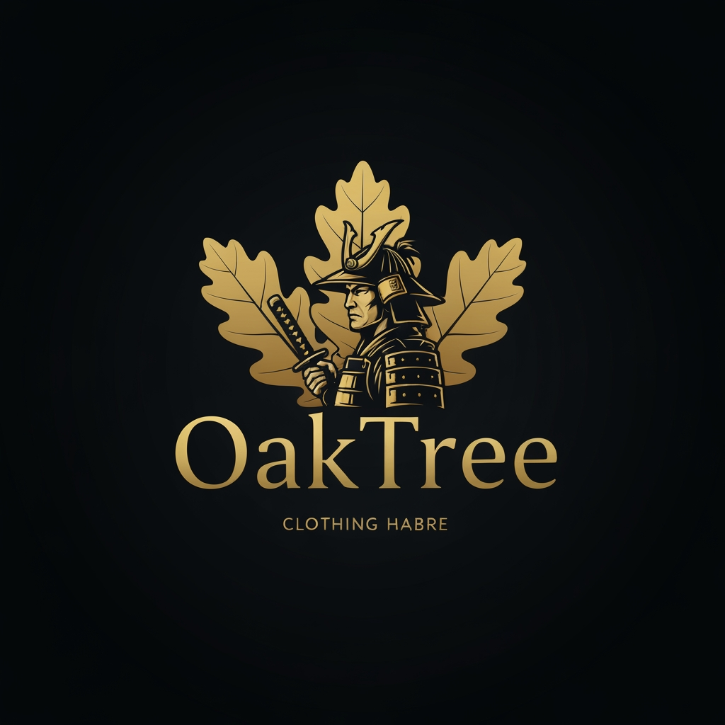AI Design for Right now i just need you to make a logo for a clothing company OakTree and i need you to represent it with a samurai ok man the color of the backgroudn should be balack the text and the leaves should be golden