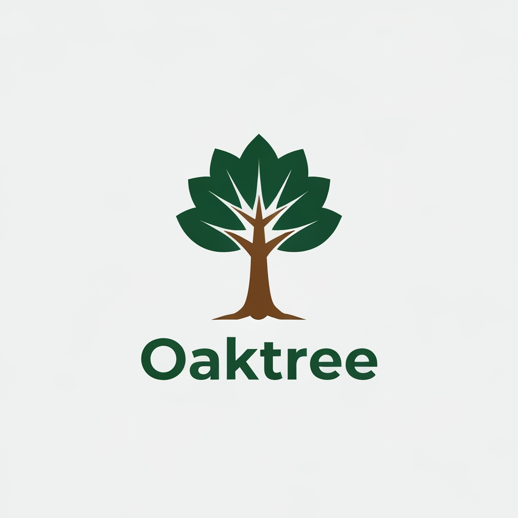 AI Design for growth and safety.Natural Colors: Use deep forest green for the leaves and warm earth brown for the trunk, placed on a plain white or light gray background.Clear Text: Put the company name Oaktree below or next to the icon using a solid, easy-to-read sans-serif font. h brown for the trunk, placed on a plain white or light gray background.Clear Text: Put the company name Oaktree below or next to the icon using a solid, easy-to-read sans-serif font.