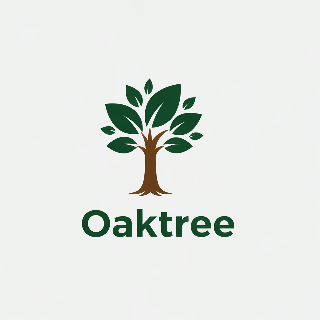 AI Design for growth and safety.Natural Colors: Use deep forest green for the leaves and warm earth brown for the trunk, placed on a plain white or light gray background.Clear Text: Put the company name Oaktree below or next to the icon using a solid, easy-to-read sans-serif font. h brown for the trunk, placed on a plain white or light gray background.Clear Text: Put the company name Oaktree below or next to the icon using a solid, easy-to-read sans-serif font.