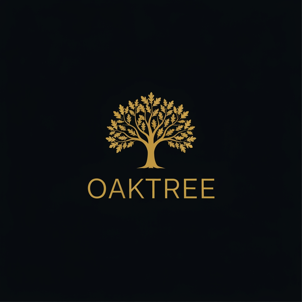 AI Design for Right now i just need you to make a logo for a clothing company OakTree and i need you to represent it with 1 tree ok man the color of the backgroudn should be balack the text and the leaves should be golden