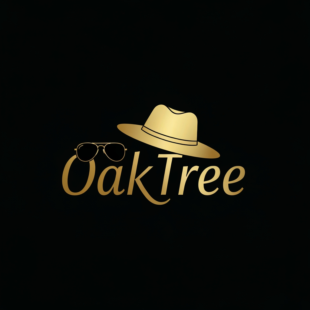 AI Design for Right now i just need you to make a logo for a clothing company OakTree and i need you to represent it with sunglasses and hat ok man the color of the backgroudn should be balack the text and the leaves should be golden