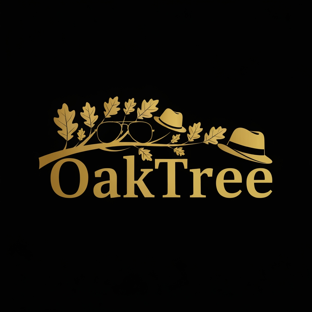 AI Design for Right now i just need you to make a logo for a clothing company OakTree and i need you to represent it with sunglasses and hat ok man the color of the backgroudn should be balack the text and the leaves should be golden