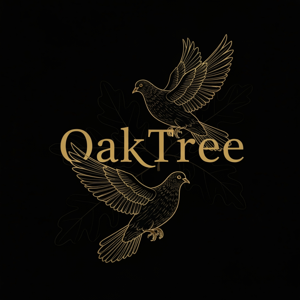 AI Design for Right now i just need you to make a logo for a clothing company OakTree and i need you to represent it with 2 doves ok man the color of the backgroudn should be balack the text and the leaves should be golden