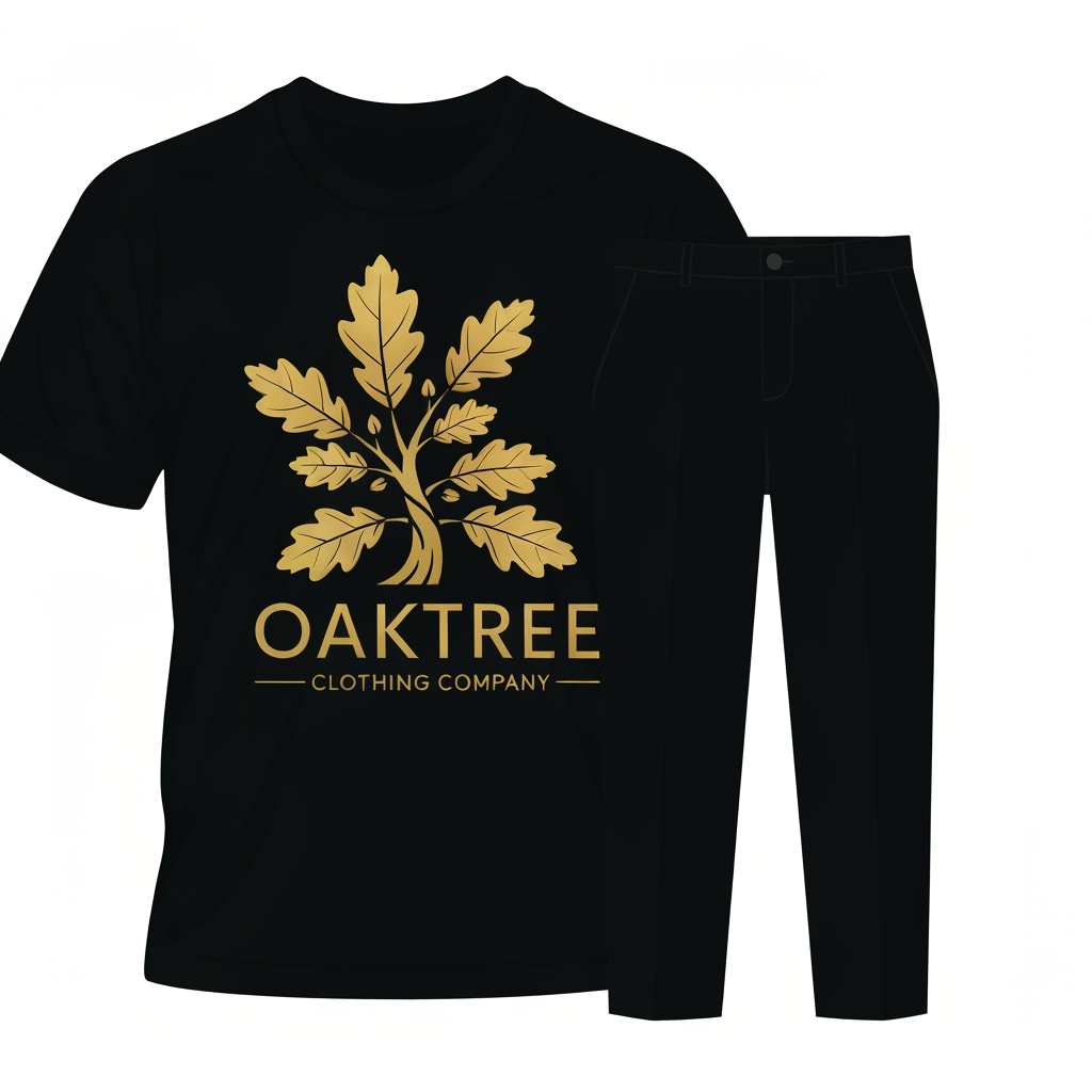 AI Design for Right now i just need you to make a logo for a clothing company OakTree and i need you to represent it with a shirt and a pant ok man the color of the backgroudn should be balack the text and the leaves should be golden