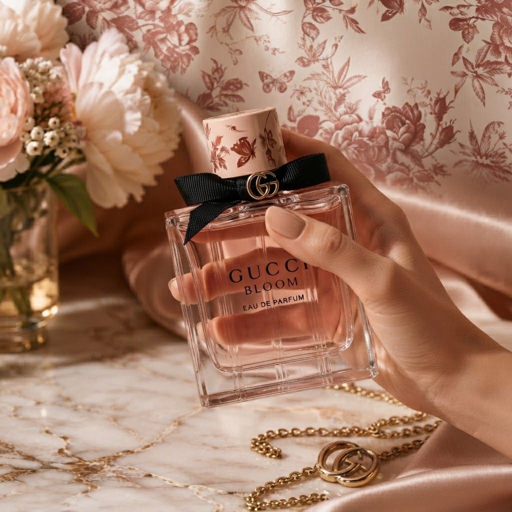 AI Design for create a image by holdng this perfume in her hand