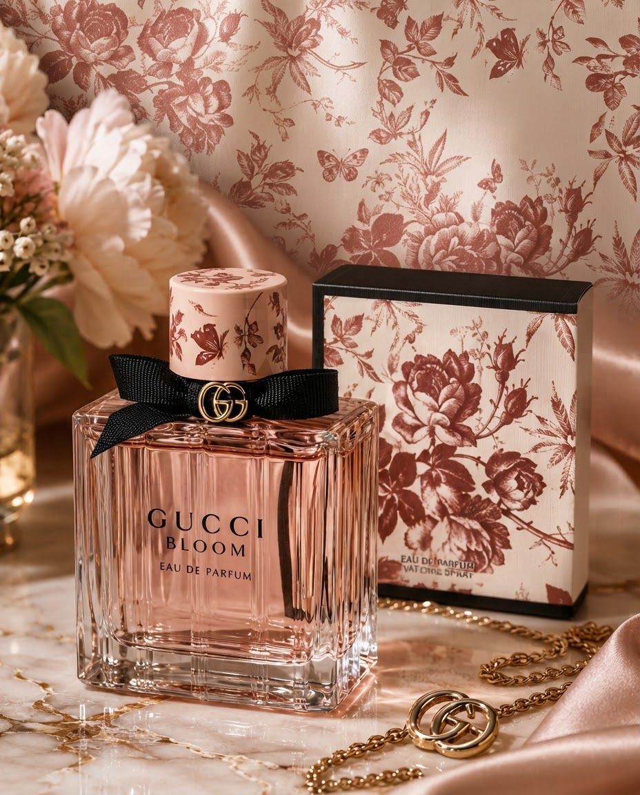AI Design for Social campaign preview for brand. Portrait campaign visual that feels ready for client approval, clear focal image, cohesive art direction, clean space for copy to be added later, no generated text.
Incorporate the attached brand element reference image (Reference A: brand element "Gucci Bloom") into the composition where natural — preserve the depicted brand element's appearance.