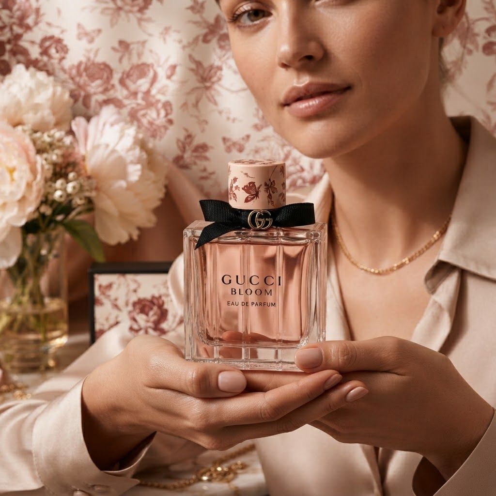 AI Design for create a image by holdng this perfume in her hand. the model should be prominent heere