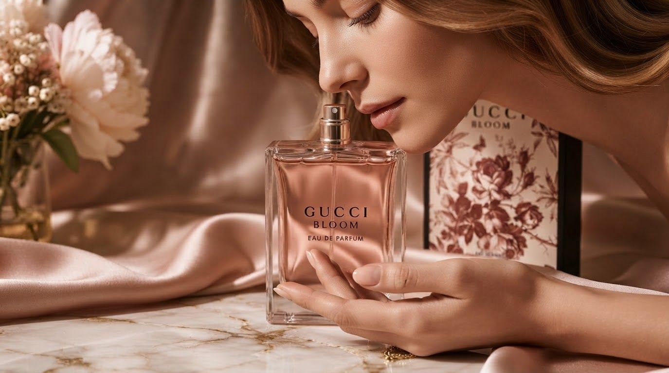AI Design for The area highlighted in semi-transparent red in this image indicates where to make changes. add a beautiful girl hand smeling this perfume