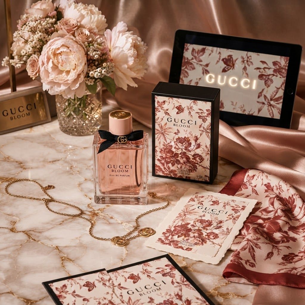 AI Design for Brand application mockup concept for Create a sophisticated, luxury-focused campaign imagery for Gucci Bloom that emphasizes the interplay between floral botanical patterns and elegant, glass-bottled fragrance design.. Multiple branded touchpoints in one refined composition, such as stationery, packaging, digital screen, signage, or apparel, realistic materials, no invented readable copy.
Incorporate the attached brand element reference image (Reference A: brand element "Gucci Bloom") into the composition where natural — preserve the depicted brand element's appearance.