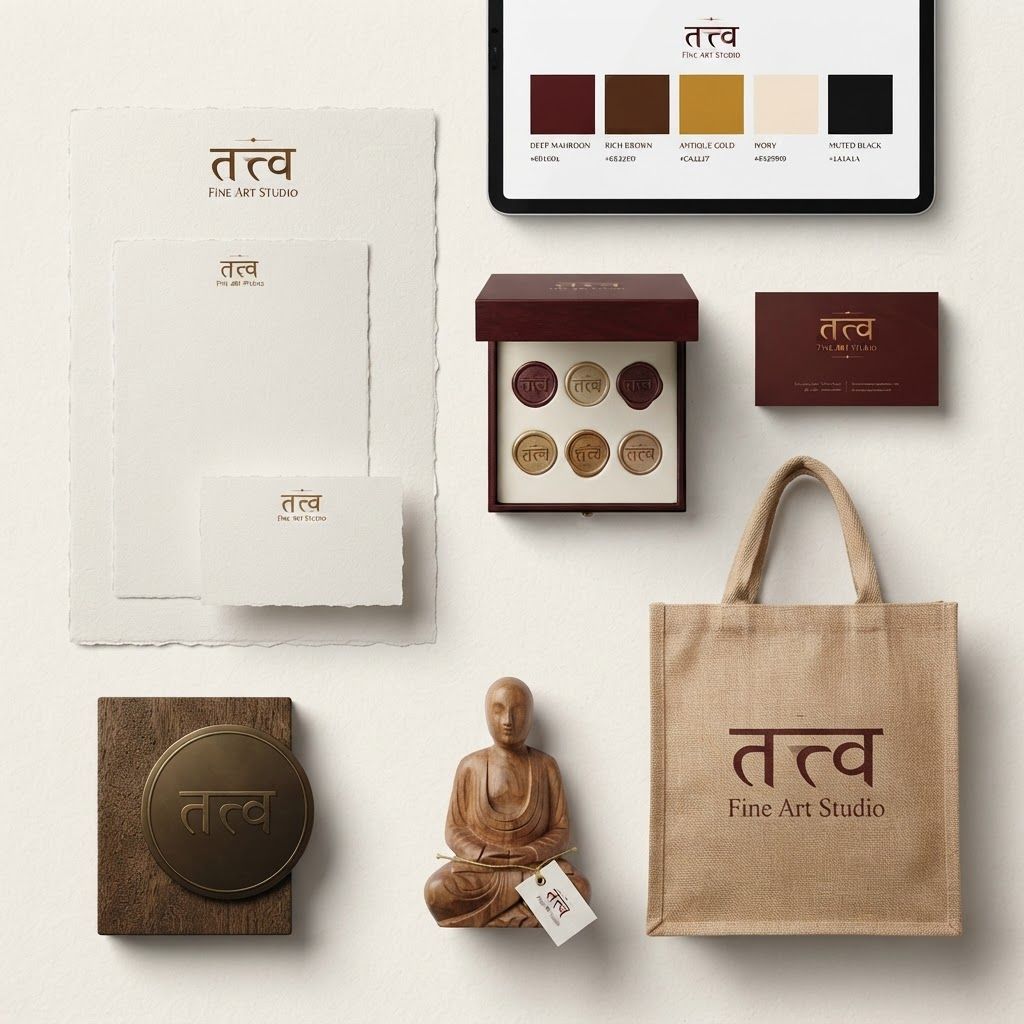AI Design for Brand application mockup concept for Develop a sophisticated visual identity for Tattve Fine Art Studio that balances traditional Indian heritage with contemporary minimalism using a deep mahogany, gold, and ivory palette.. Multiple branded touchpoints in one refined composition, such as stationery, packaging, digital screen, signage, or apparel, realistic materials, no invented readable copy.
Incorporate the attached brand element reference image (Reference A: brand element "Tattve Fine Art Studio") into the composition where natural — preserve the depicted brand element's appearance.