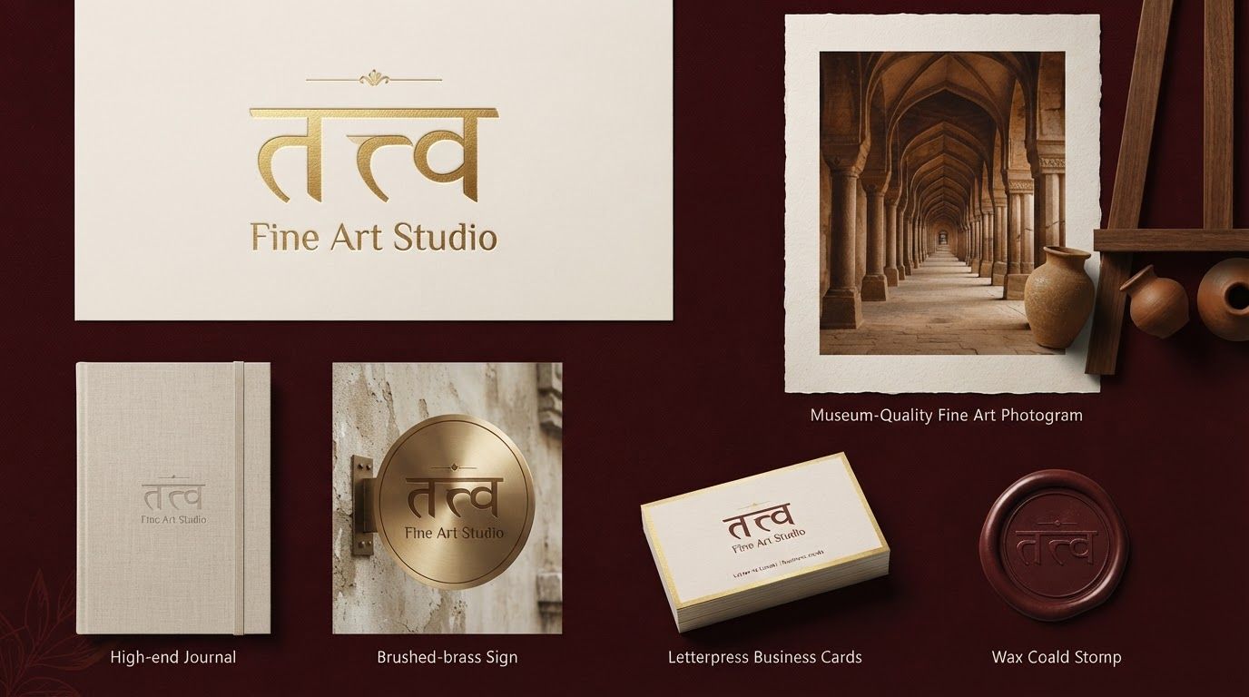 AI Design for Client presentation mockup for brand. Polished scene showing the design direction applied to a realistic surface, screen, poster, or object, premium agency presentation style, no readable placeholder text.
Incorporate the attached brand element reference image (Reference A: brand element "Tattve Fine Art Studio") into the composition where natural — preserve the depicted brand element's appearance.