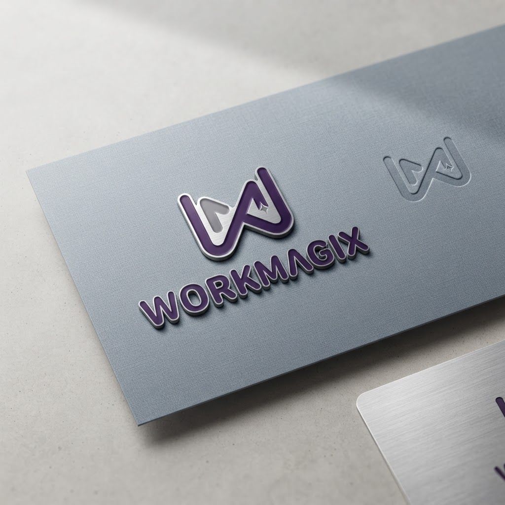 AI Design for Premium logo presentation mockup concept for Create a sleek, modern brand identity system for WorkMagix that leverages the purple and grey color palette to convey professional efficiency and creative spark in client-facing pitch decks.. Logo or brand mark displayed on a clean neutral surface with subtle depth, refined shadow, precise alignment, elegant design-studio presentation, no extra readable text.
Incorporate the attached brand element reference image (Reference A: brand element "WorkMagix") into the composition where natural — preserve the depicted brand element's appearance.