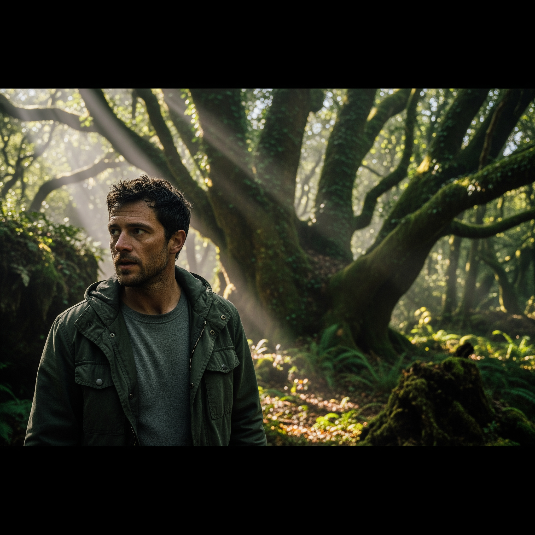 AI Design for generate a video of man in dense forest