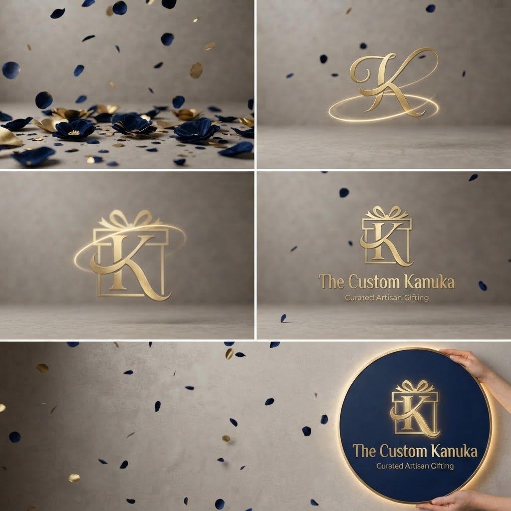 AI Design for I uploaded a picture of my logo, I want to create a video logo. colors should be same. it should start with flower petals falling on the floor then K symbol should come and then gift box icon should appear on back side then name should appear.