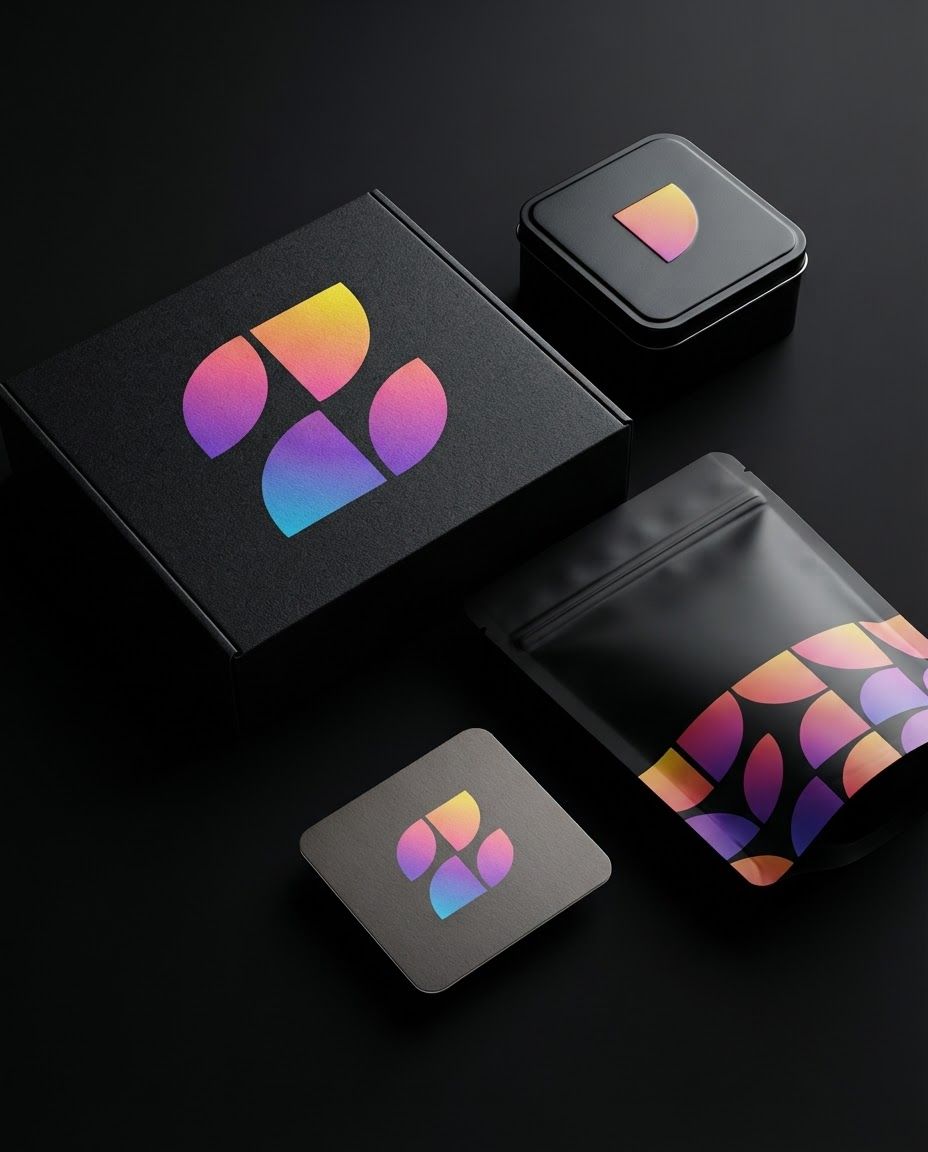 AI Design for Premium packaging mockup concept for Create a vibrant, modern visual identity using colorful quarter-circle gradients against a deep black background to establish a bold, high-energy brand presence.. Brand identity applied to realistic boxes, pouches, labels, wraps, or bags as appropriate, polished tabletop scene, tactile materials, no invented readable copy.
Incorporate the attached brand element reference image (Reference A: brand element "Enixal") into the composition where natural — preserve the depicted brand element's appearance.