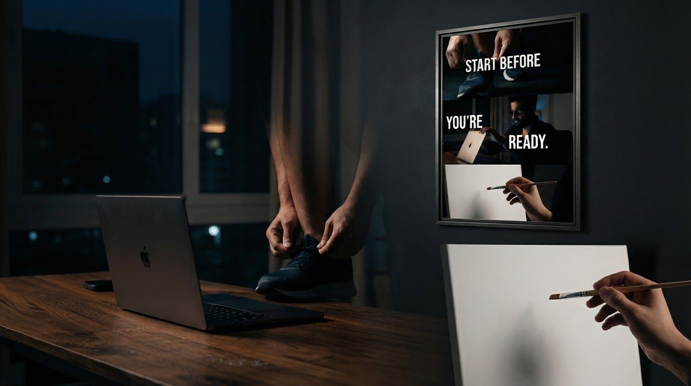 AI Design for Main campaign hero visual for  brand. Cinematic advertising image with a clear subject, memorable visual idea, strong depth and lighting, premium art direction, clean negative space for headline and CTA to be added later, no generated text.

Incorporate the attached brand element reference image (Reference A: brand element "Start Before Ready") into the composition where natural — preserve the depicted brand element's appearance.