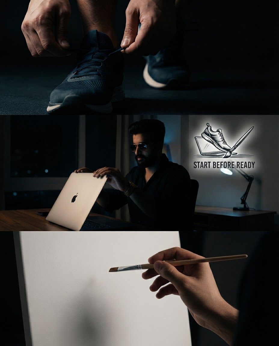 AI Design for Paid ad visual for  brand. Performance-focused portrait composition, clear product or benefit cue, bold contrast, uncluttered background, open area for offer copy to be added later, no readable text.

Incorporate the attached brand element reference image (Reference A: brand element "Start Before Ready") into the composition where natural — preserve the depicted brand element's appearance.