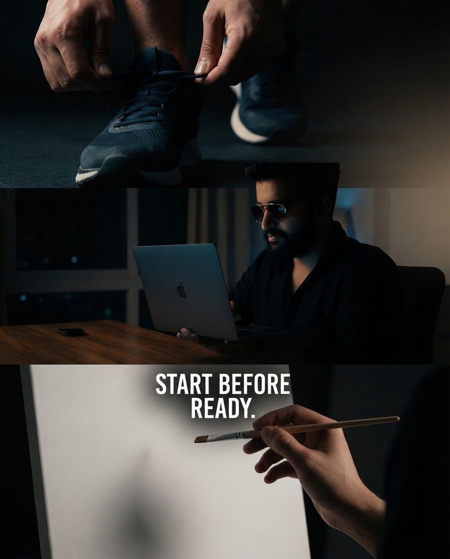 AI Design for Paid ad visual for  brand. Performance-focused portrait composition, clear product or benefit cue, bold contrast, uncluttered background, open area for offer copy to be added later, no readable text.

Incorporate the attached brand element reference image (Reference A: brand element "Start Before Ready") into the composition where natural — preserve the depicted brand element's appearance.
