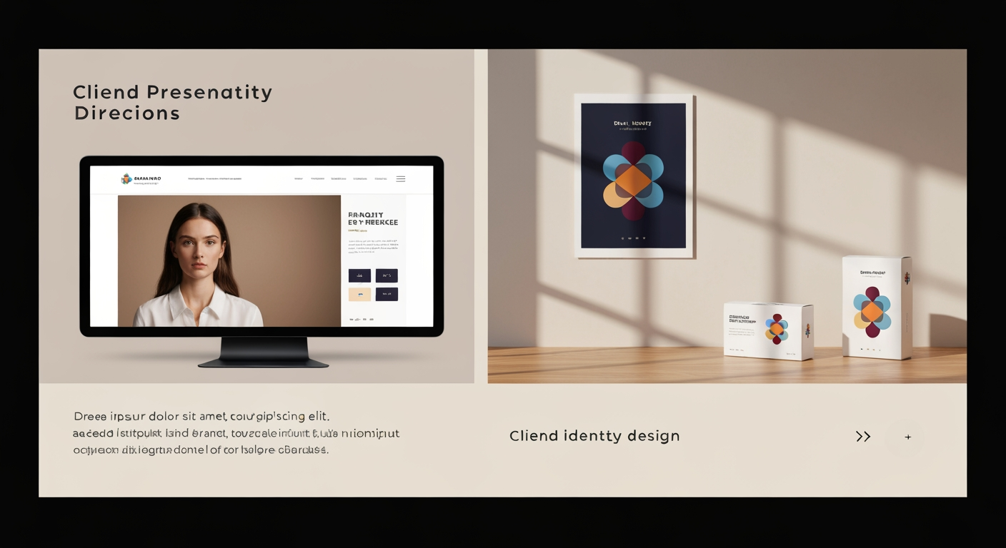 AI Design for Client presentation mockup concept for Brand identity directions for a client. Polished scene showing the design direction applied to a realistic surface, screen, poster, or object, premium agency presentation style, no readable placeholder text.